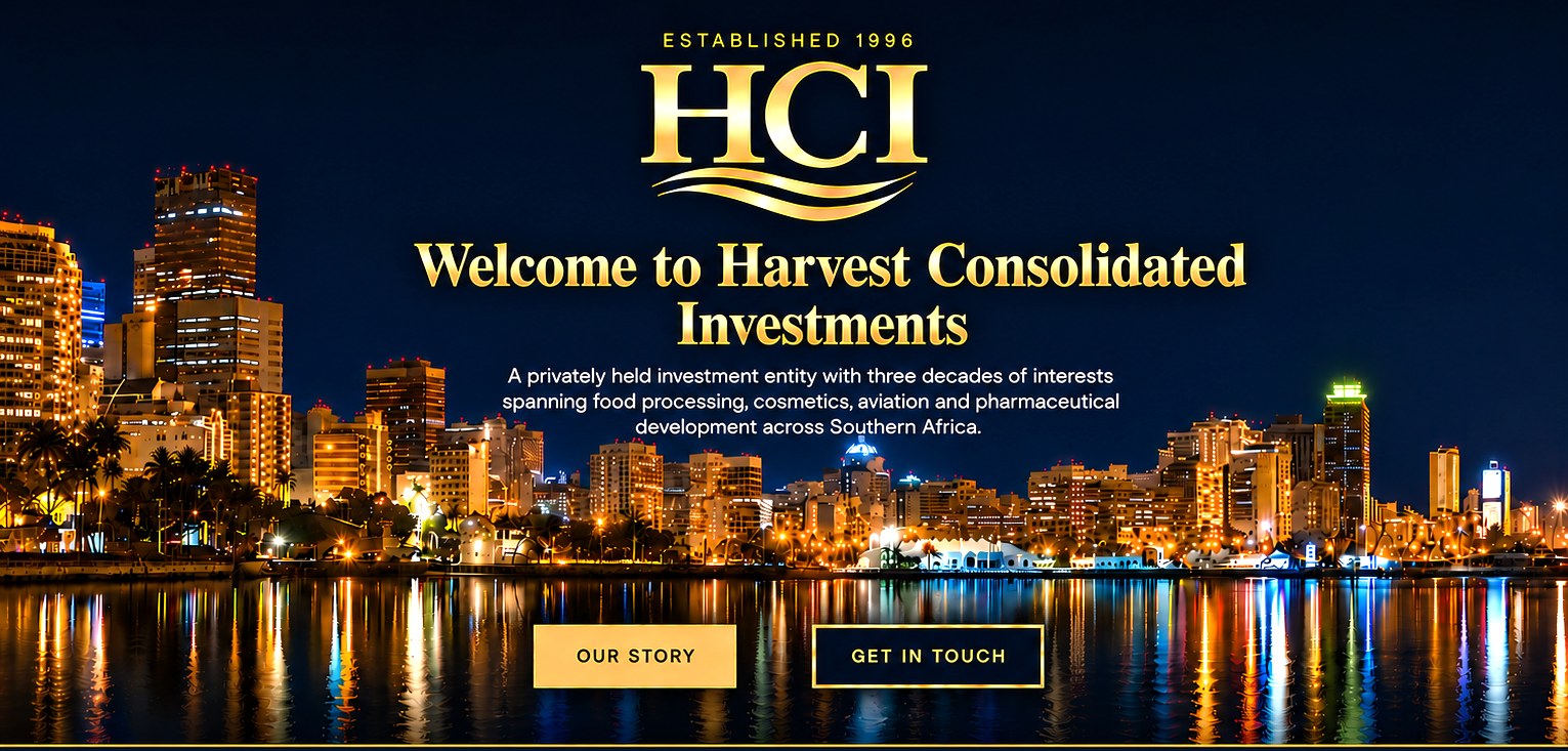 Durban skyline at night with the gold HCI logo and welcome message