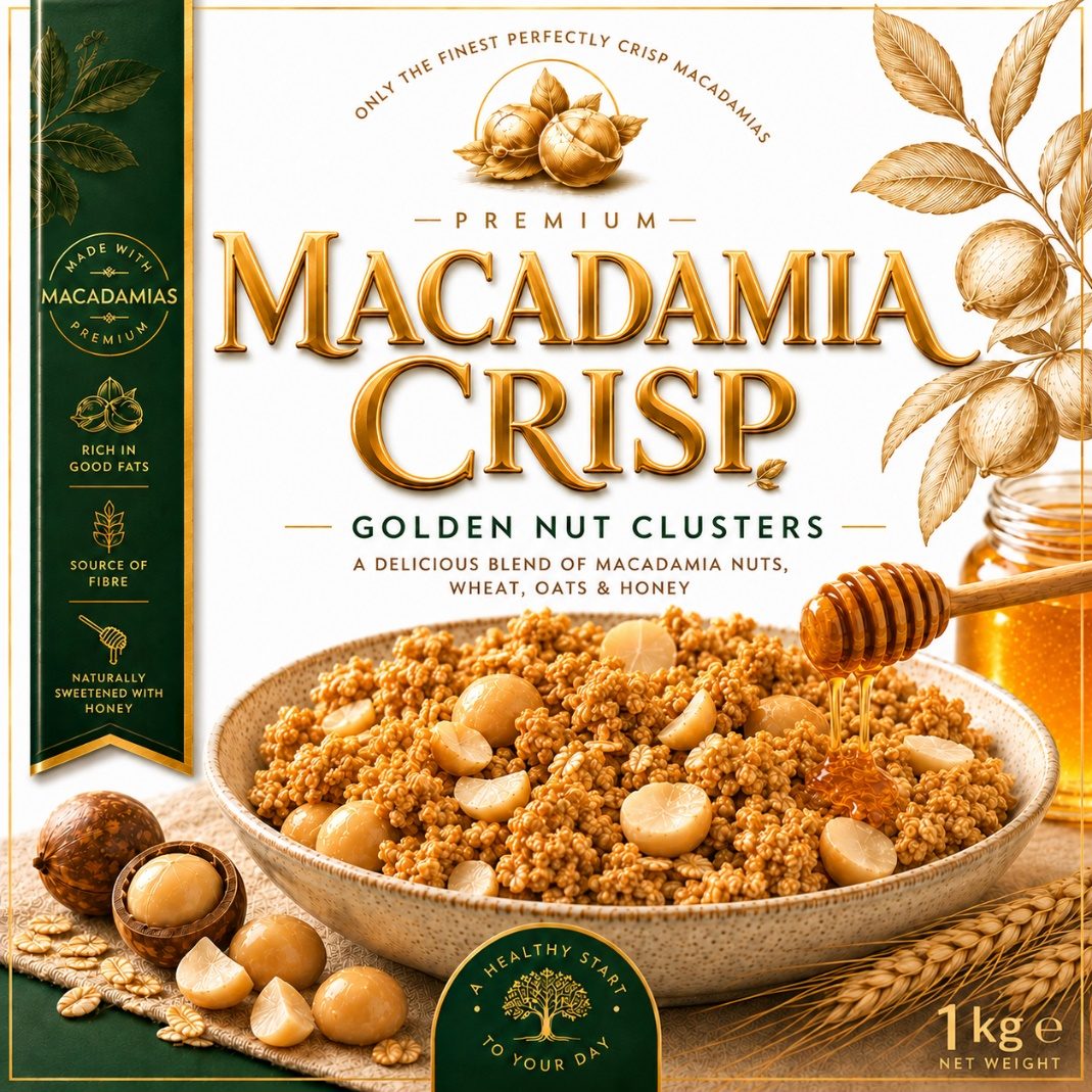 Macadamia Crisp premium cereal packaging with golden nut clusters, wheat, oats and honey